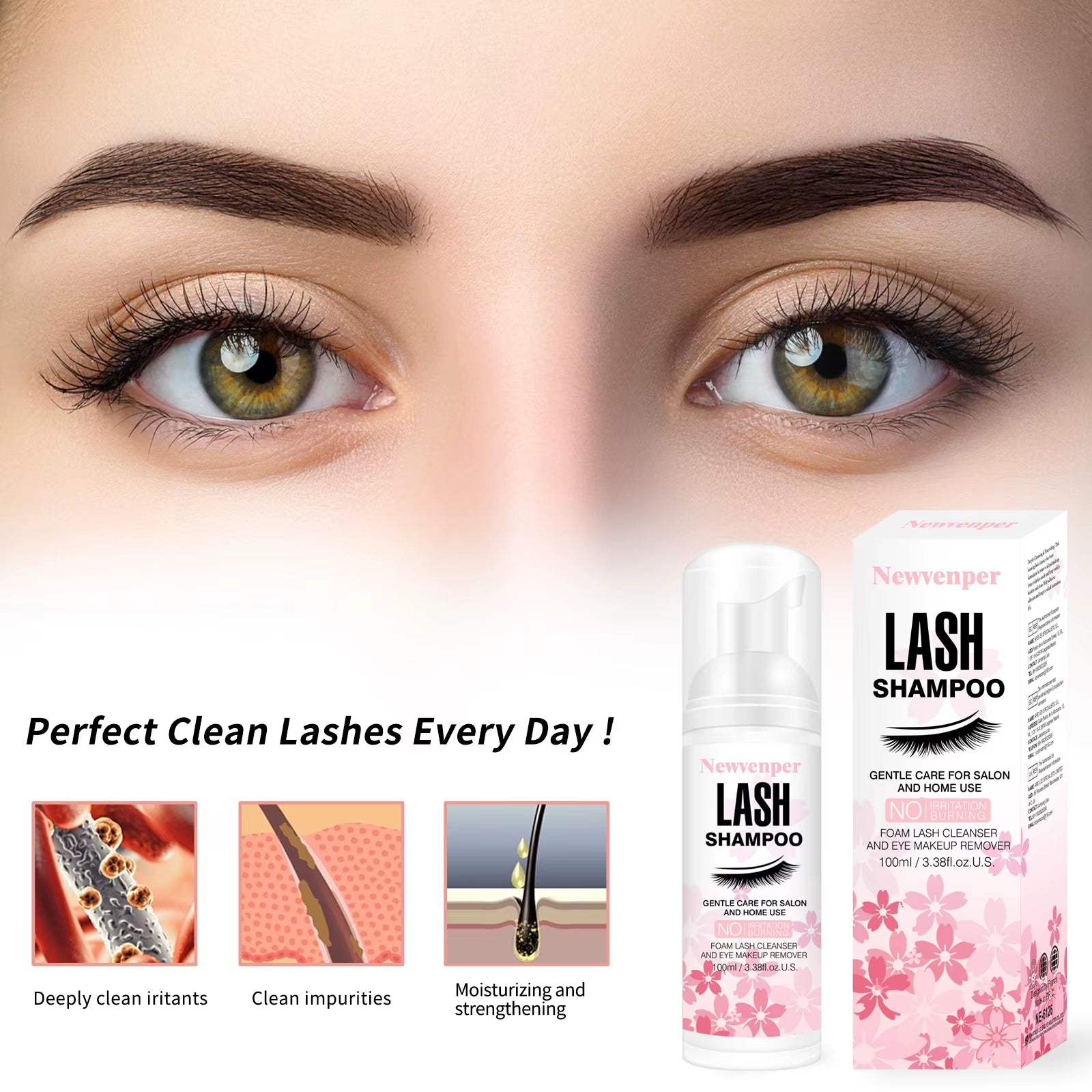 Lash Shampoo for Eyelash 100ML + Brush & Mascara Wand Eyelid Foaming Cleansing, Extension Cleanser Remover,Makeup Remover